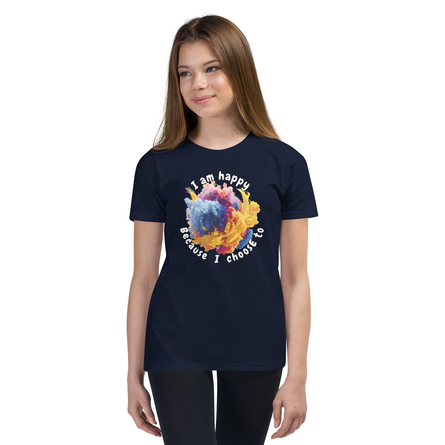 Product mockup. Ultra-soft premium navy blue t-shirt featuring vibrant multicolor abstract explosion graphic with text 'I am happy Because I choose to' printed in curved style around the design, modeled on young woman.