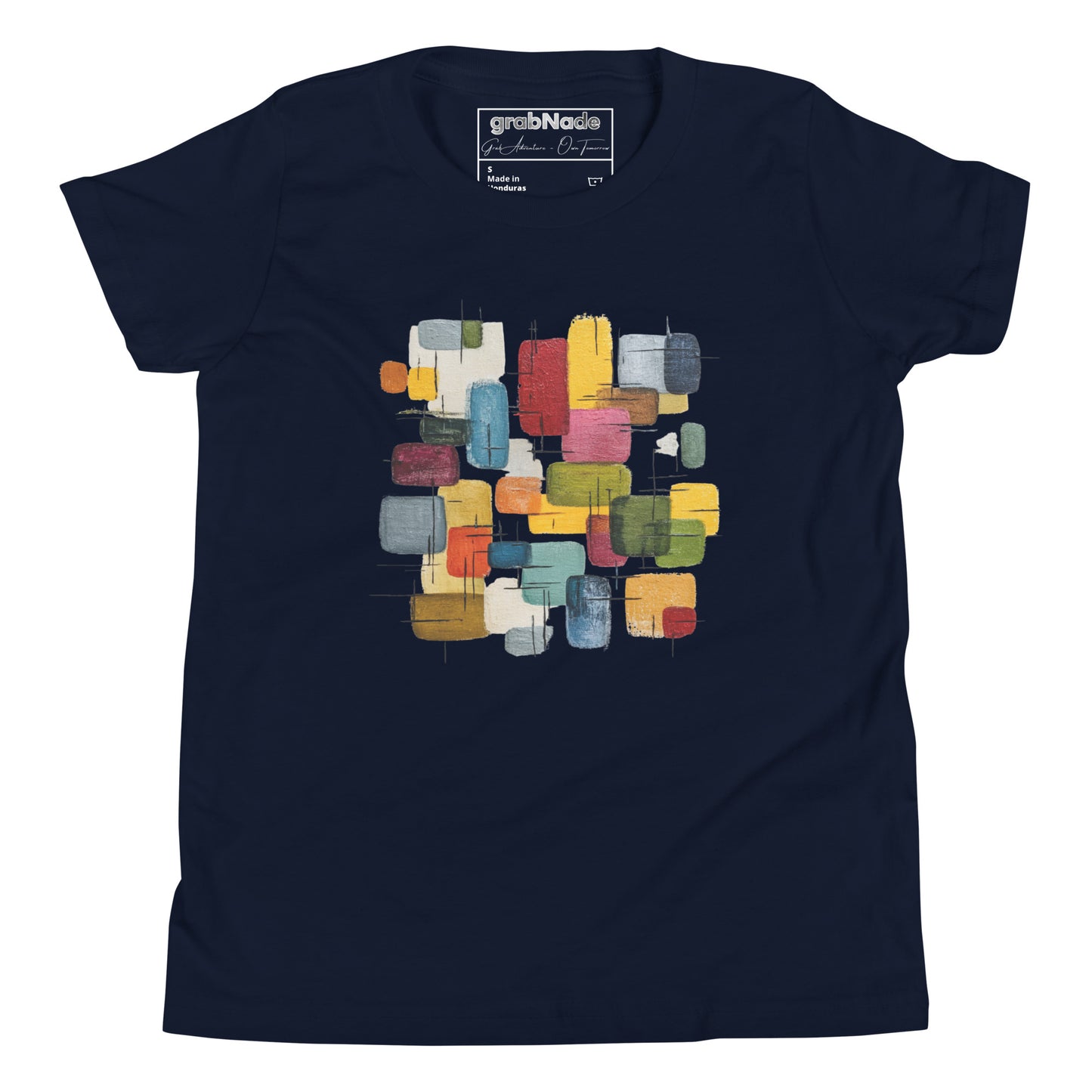 Product mockup. A layed out navy blue, short-sleeve t-shirt with a large, colorful abstract design on the front. The design features overlapping rounded rectangles in red, yellow, teal, blue, green, and orange, with fine black sketch lines, creating a playful and modern look. She is also wearing black leggings.
