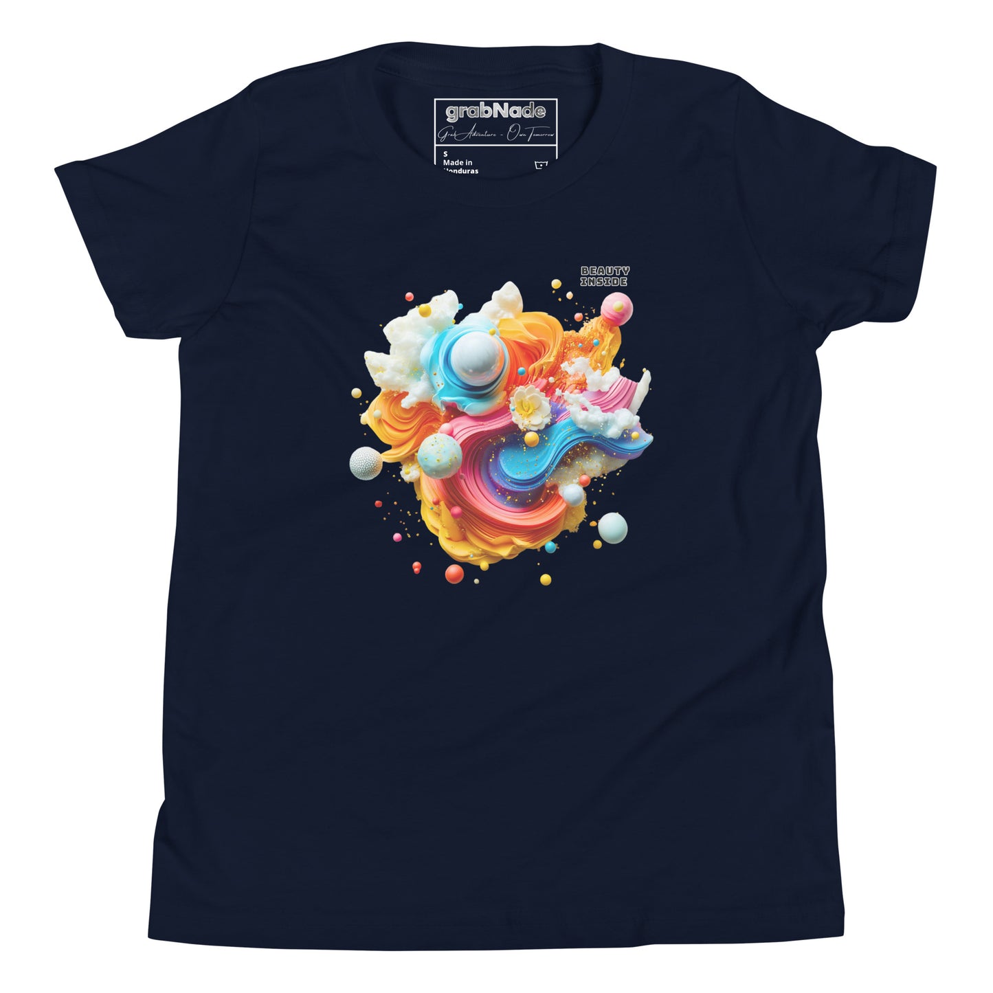 Product mockup. A navy blue t-shirt featuring an abstract, swirling art design at the center with vibrant strokes of yellow, orange, blue, and pink, adorned with playful 3D spheres, clouds, and flowers. Near the top right of the design, black block text reads, 'BEAUTY INSIDE.