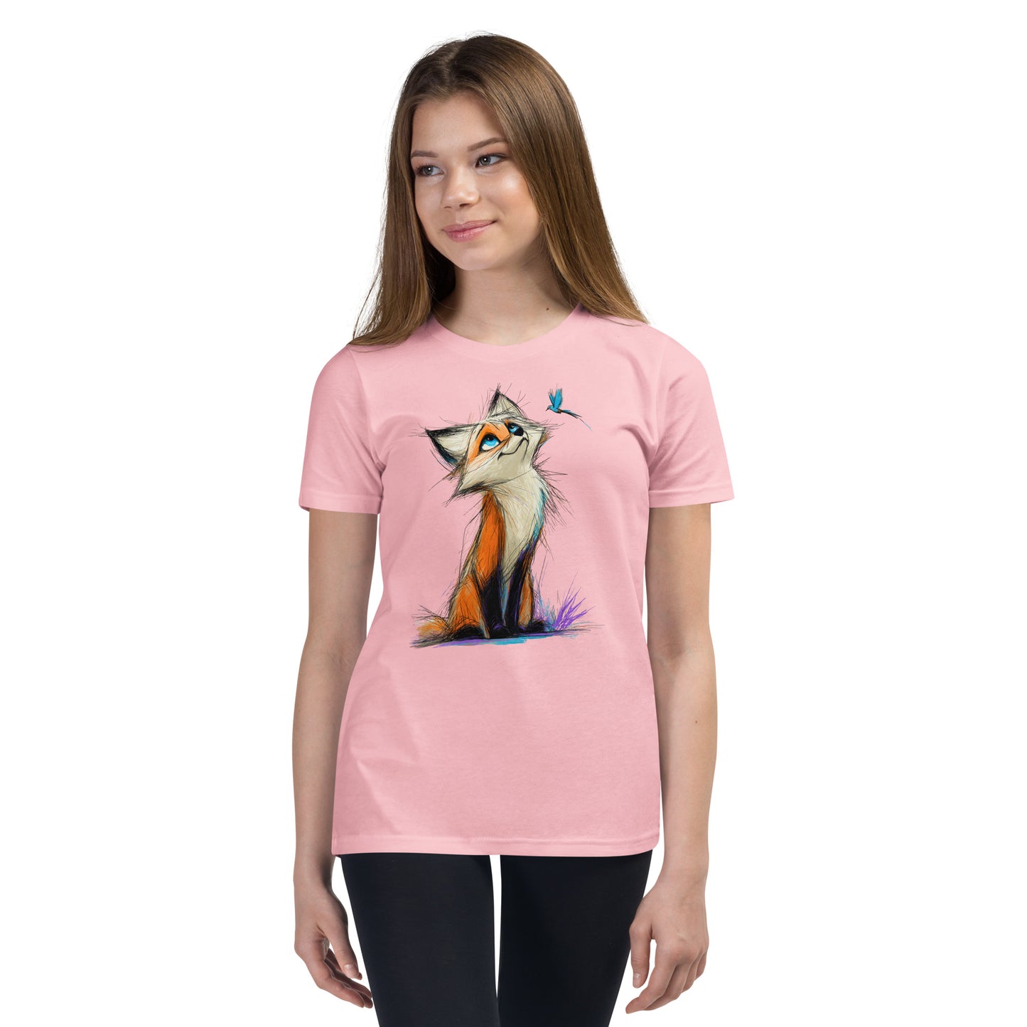 Product mockup. Ultra-soft premium youth pink t-shirt featuring artistic colorful illustration of a curious fox looking up at a small blue butterfly, modeled on young girl.