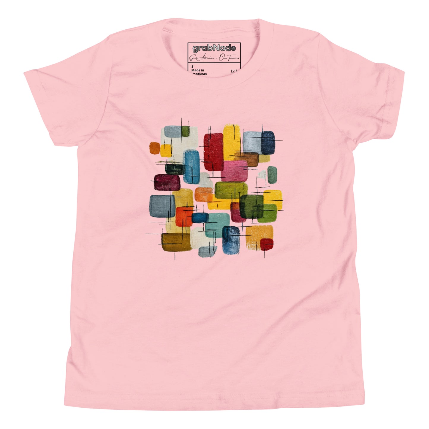 Product mockup. A layed out light pink, short-sleeve t-shirt with a large, colorful abstract design on the front. The design features overlapping rounded rectangles in red, yellow, teal, blue, green, and orange, with fine black sketch lines, creating a playful and modern look. She is also wearing black leggings.