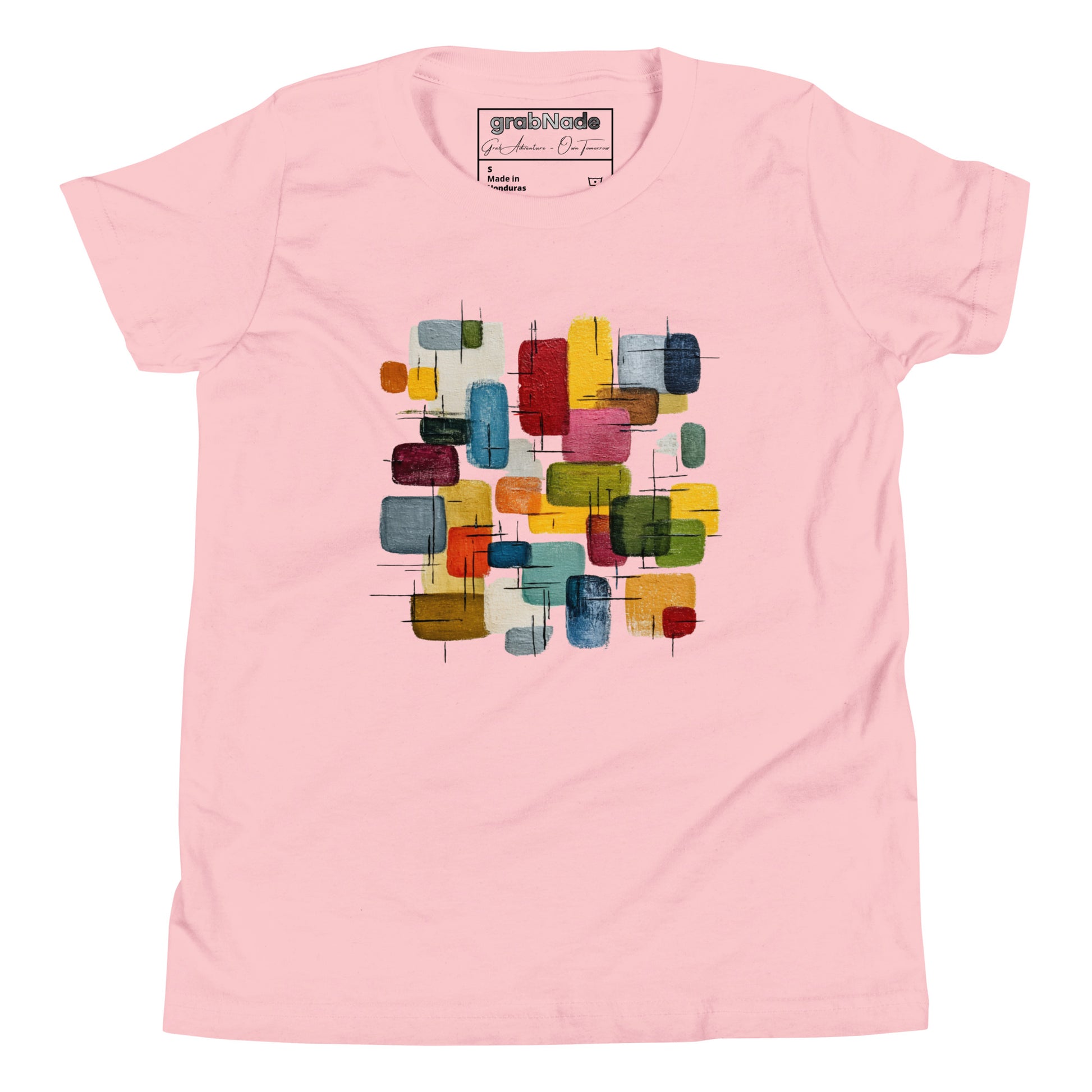 Product mockup. A layed out light pink, short-sleeve t-shirt with a large, colorful abstract design on the front. The design features overlapping rounded rectangles in red, yellow, teal, blue, green, and orange, with fine black sketch lines, creating a playful and modern look. She is also wearing black leggings.