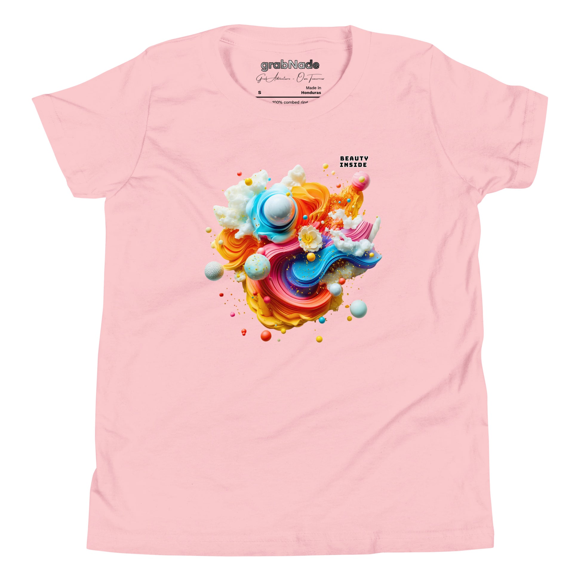 Product mockup. A light pink t-shirt featuring an abstract, swirling art design at the center with vibrant strokes of yellow, orange, blue, and pink, adorned with playful 3D spheres, clouds, and flowers. Near the top right of the design, black block text reads, 'BEAUTY INSIDE.