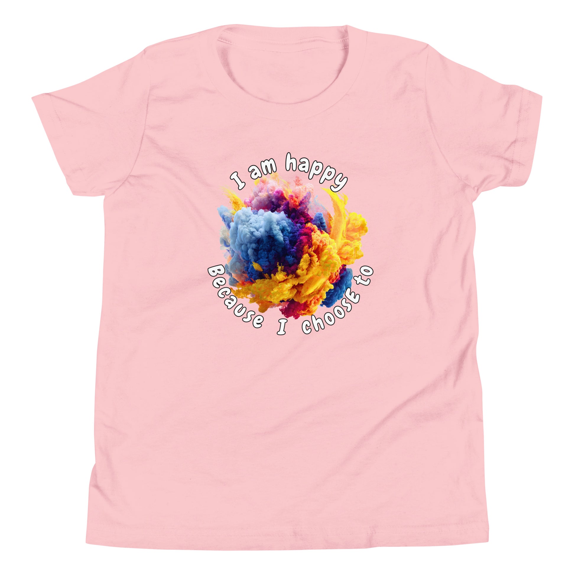Product mockup. A light pink t-shirt featuring a vibrant circular burst of colorful smoke in shades of blue, purple, pink, and yellow at the center. Surrounding the smoke design is curved text that reads, 'I am happy Because I choose to,' in a playful, rounded font.