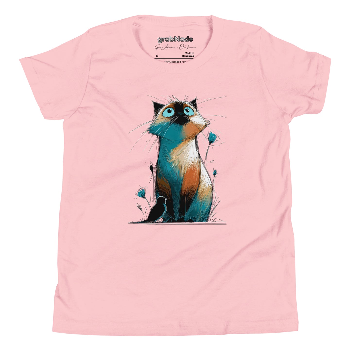Product mockup. A light pink t‑shirt featuring a whimsical, sketch-style illustration of a wide‑eyed cat with teal and orange shading sitting among delicate buds, while a small black bird rests at its feet, creating a playful yet gentle scene on a clean background.