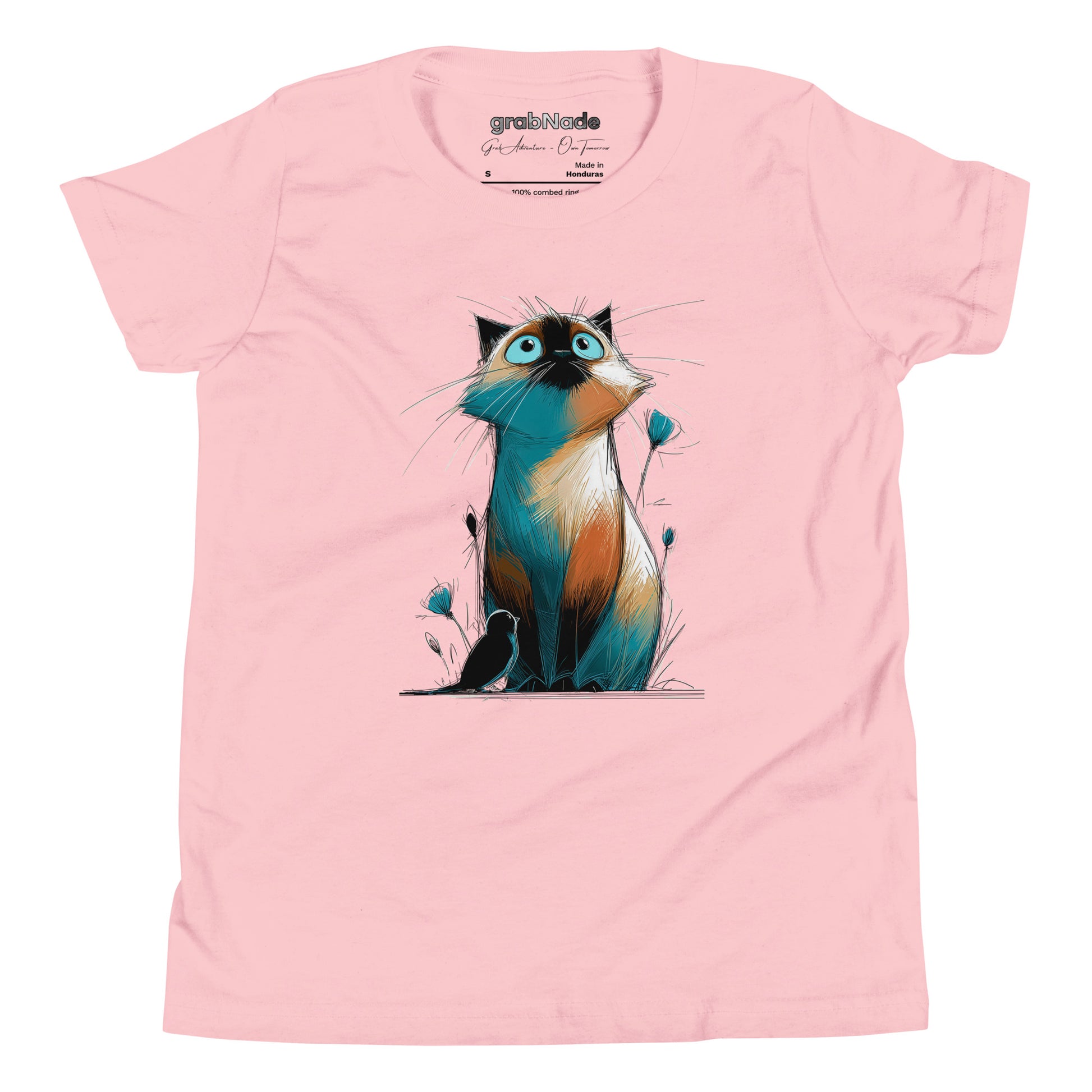 Product mockup. A light pink t‑shirt featuring a whimsical, sketch-style illustration of a wide‑eyed cat with teal and orange shading sitting among delicate buds, while a small black bird rests at its feet, creating a playful yet gentle scene on a clean background.