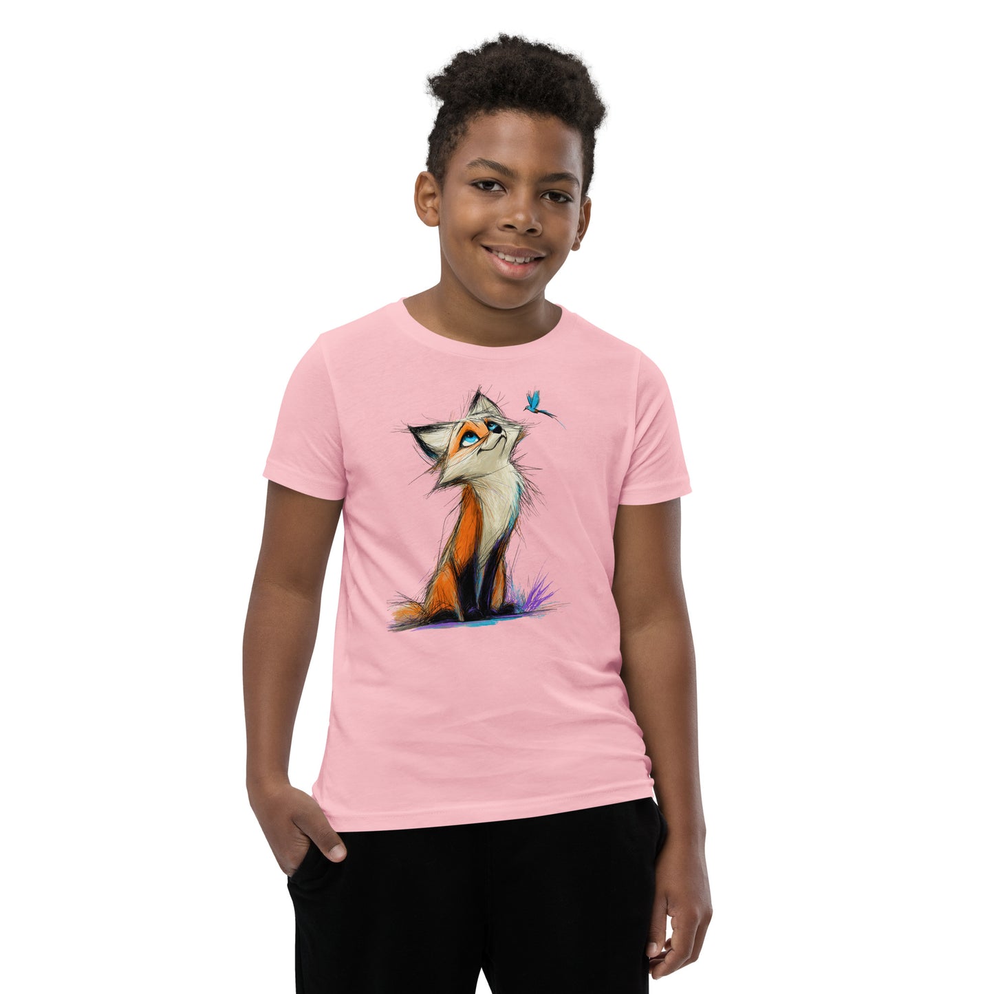 Product mockup. A smiling young boy wearing a light pink t-shirt adorned with a playful, sketch-style illustration of a bright orange and white fox sitting on the ground, gazing up curiously at a small blue butterfly fluttering near its face. The background is clean and studio-lit, emphasizing the colorful and whimsical design of the shirt.