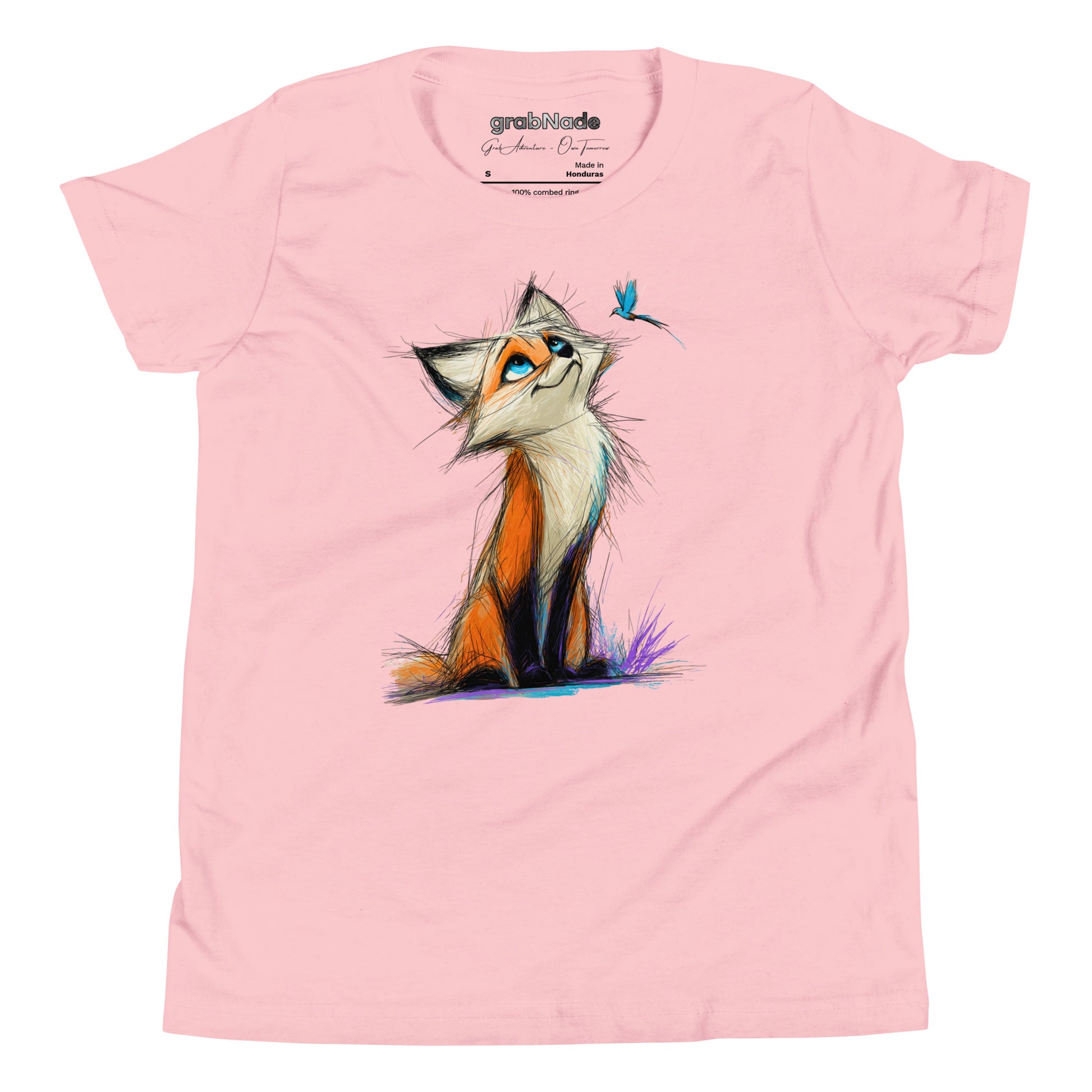 Product mockup. A light pink t-shirt featuring a lively, sketch-style illustration of a bright-eyed fox with rich orange and white fur, gazing upward with curiosity at a small blue butterfly hovering above its nose. The scene is set against a plain background, highlighting the whimsical and gentle interaction between the two characters.