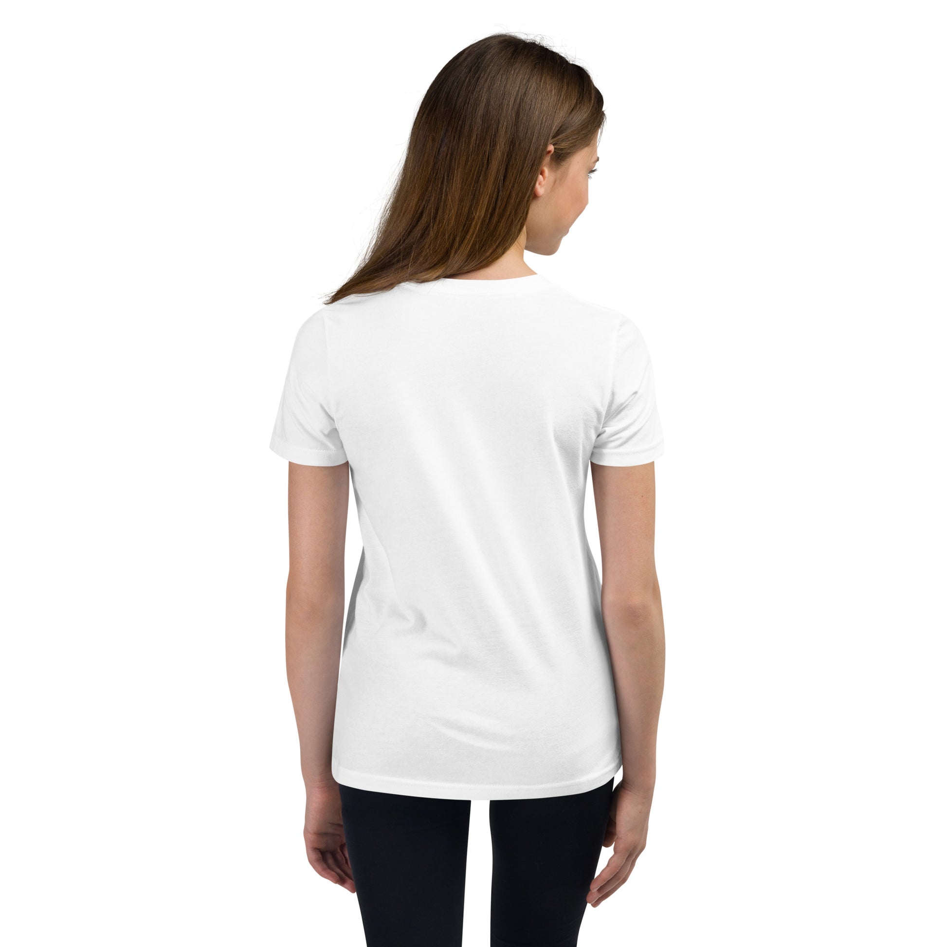 Product mockup. A girl shown from behind wearing a plain white, short-sleeve, fitted t-shirt and black leggings. Her straight brown hair falls over her shoulders, and the back of the shirt has no visible design or graphics.