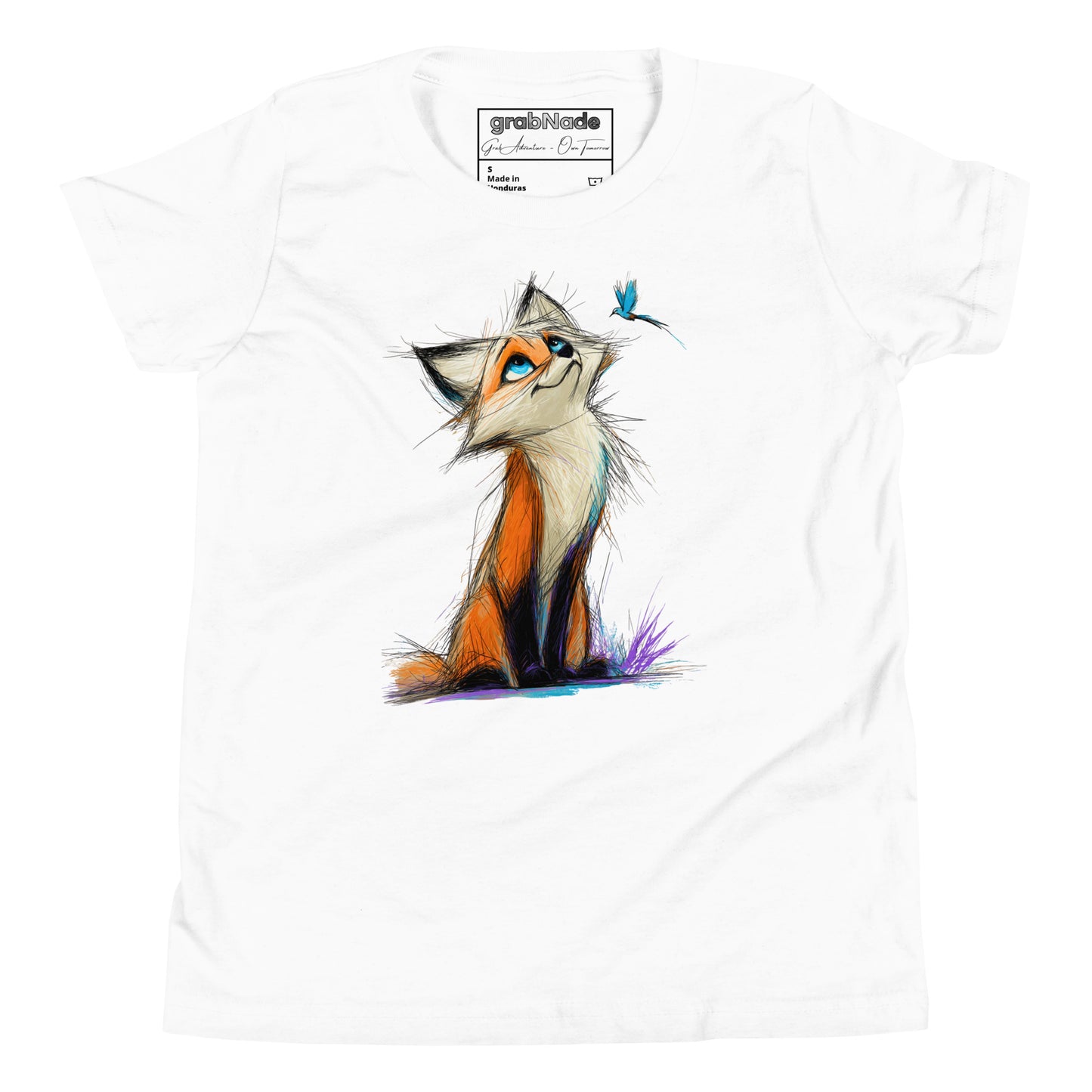 Product mockup. Ultra-soft premium youth white t-shirt featuring artistic colorful illustration of a curious fox looking up at a small blue butterfly.