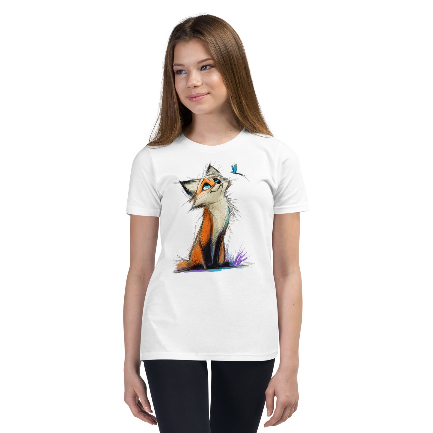 Product mockup. Ultra-soft premium youth white t-shirt featuring artistic colorful illustration of a curious fox looking up at a small blue butterfly, modeled on young girl.