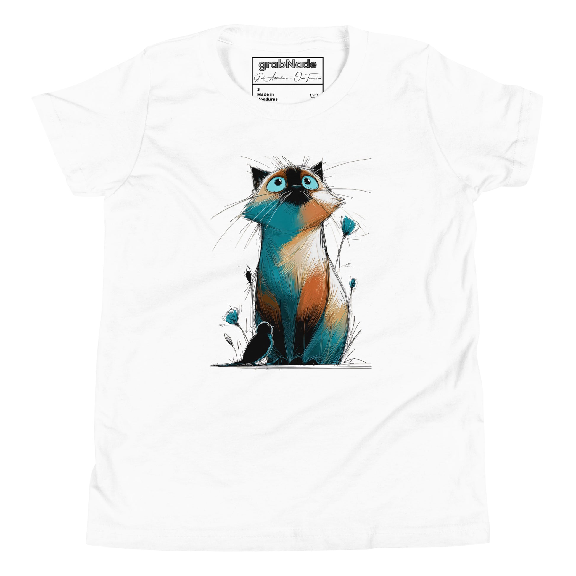 Product mockup. Ultra-soft premium youth white t-shirt featuring colorful artistic drawing of a wide-eyed cat sitting beside flowers and a black bird.