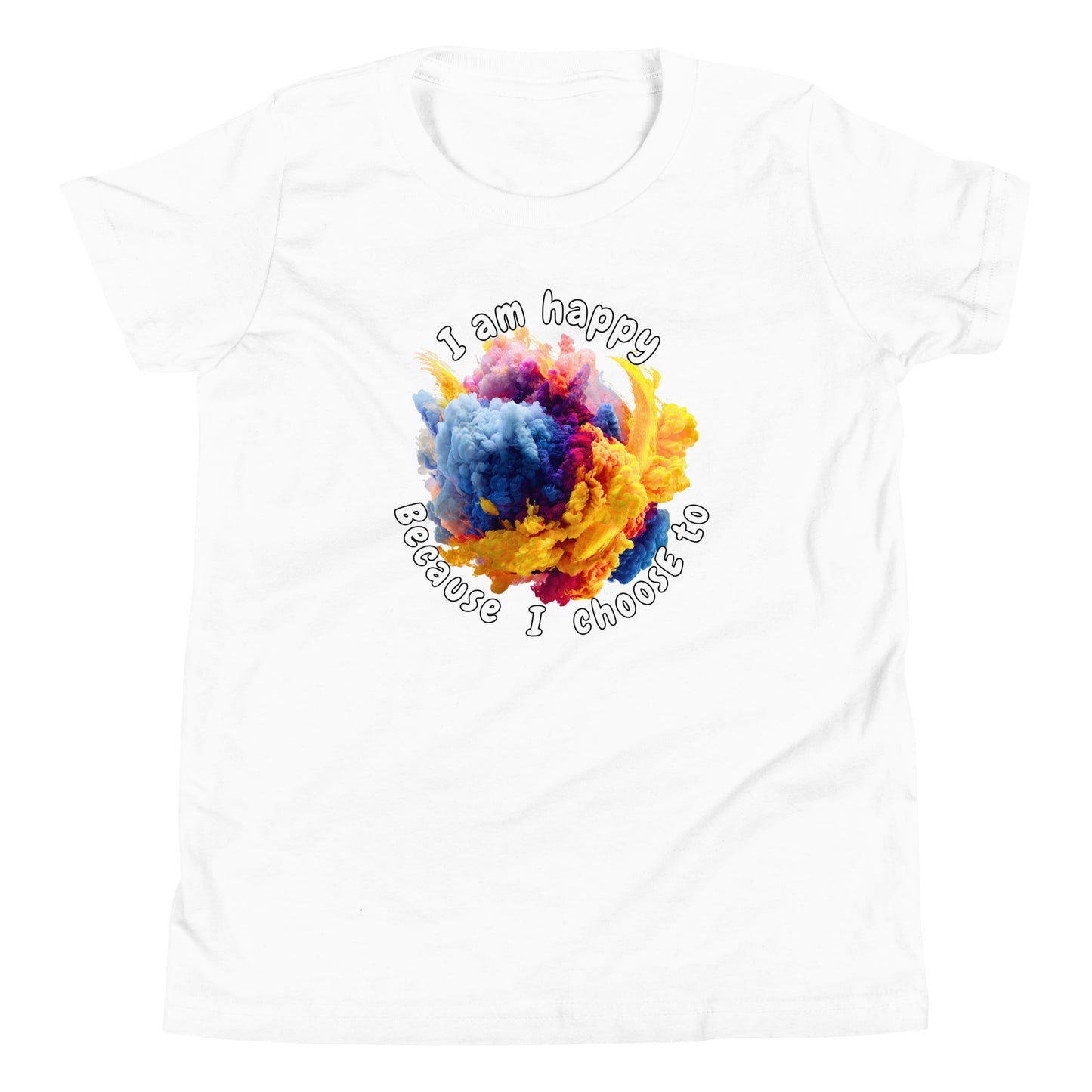Product mockup. Ultra-soft premium white t-shirt featuring vibrant multicolor abstract explosion graphic with text 'I am happy Because I choose to' printed in curved style around the design.