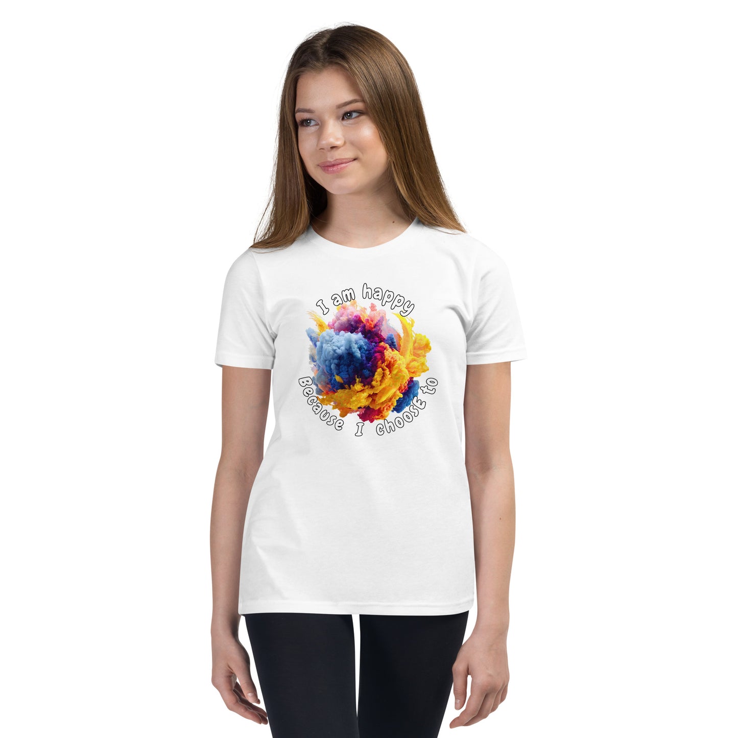 Product mockup. Ultra-soft premium white t-shirt featuring vibrant multicolor abstract explosion graphic with text 'I am happy Because I choose to' printed in curved style around the design, modeled on young woman.
