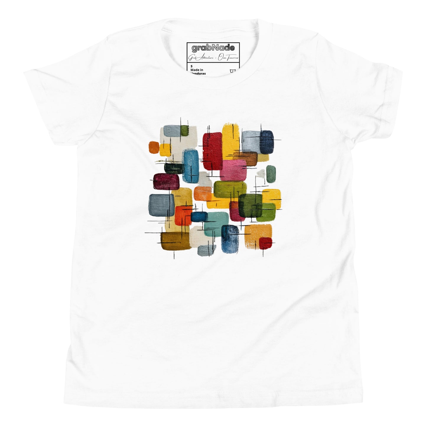 Product mockup. A layed out white, short-sleeve t-shirt with a large, colorful abstract design on the front. The design features overlapping rounded rectangles in red, yellow, teal, blue, green, and orange, with fine black sketch lines, creating a playful and modern look. She is also wearing black leggings.