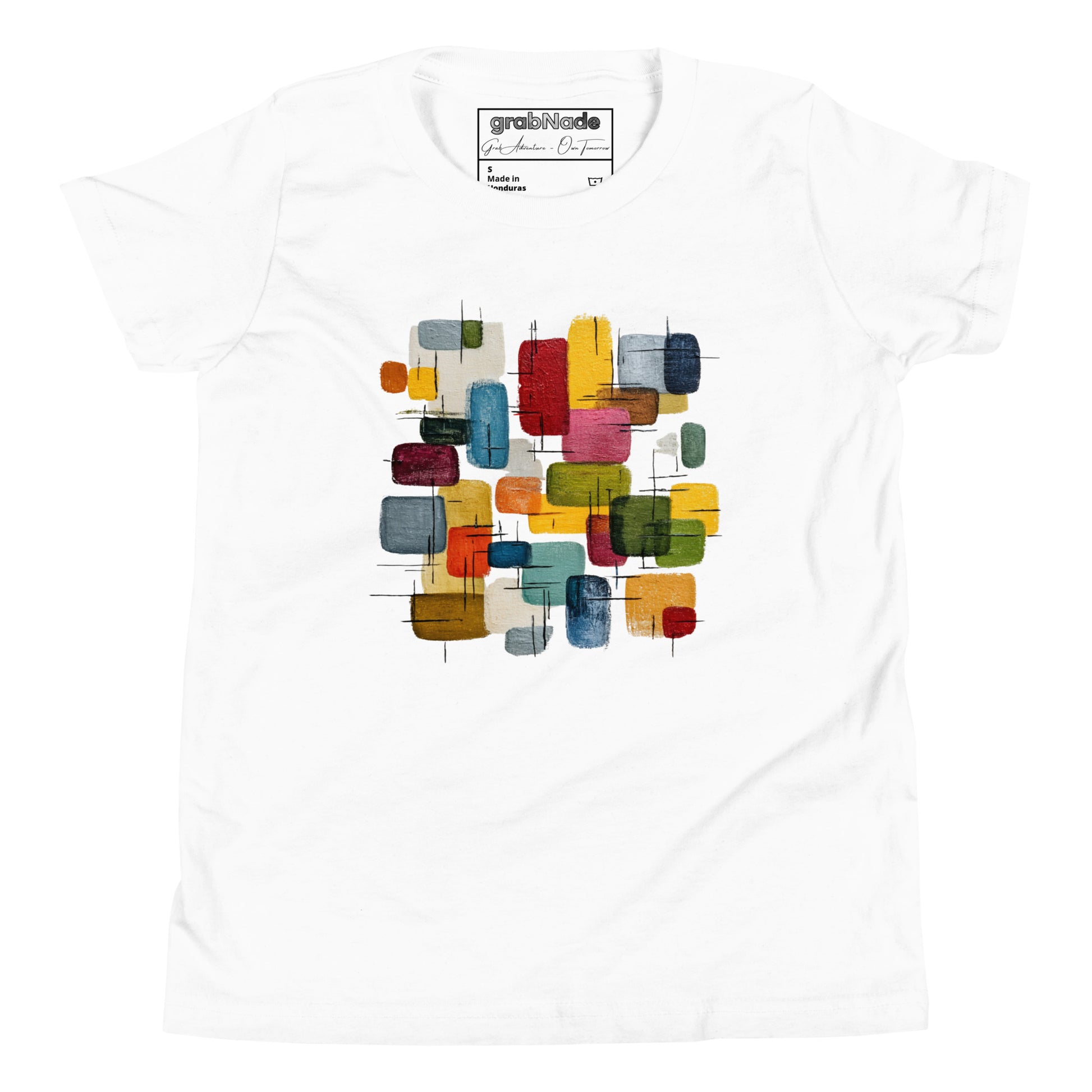 Product mockup. A layed out white, short-sleeve t-shirt with a large, colorful abstract design on the front. The design features overlapping rounded rectangles in red, yellow, teal, blue, green, and orange, with fine black sketch lines, creating a playful and modern look. She is also wearing black leggings.