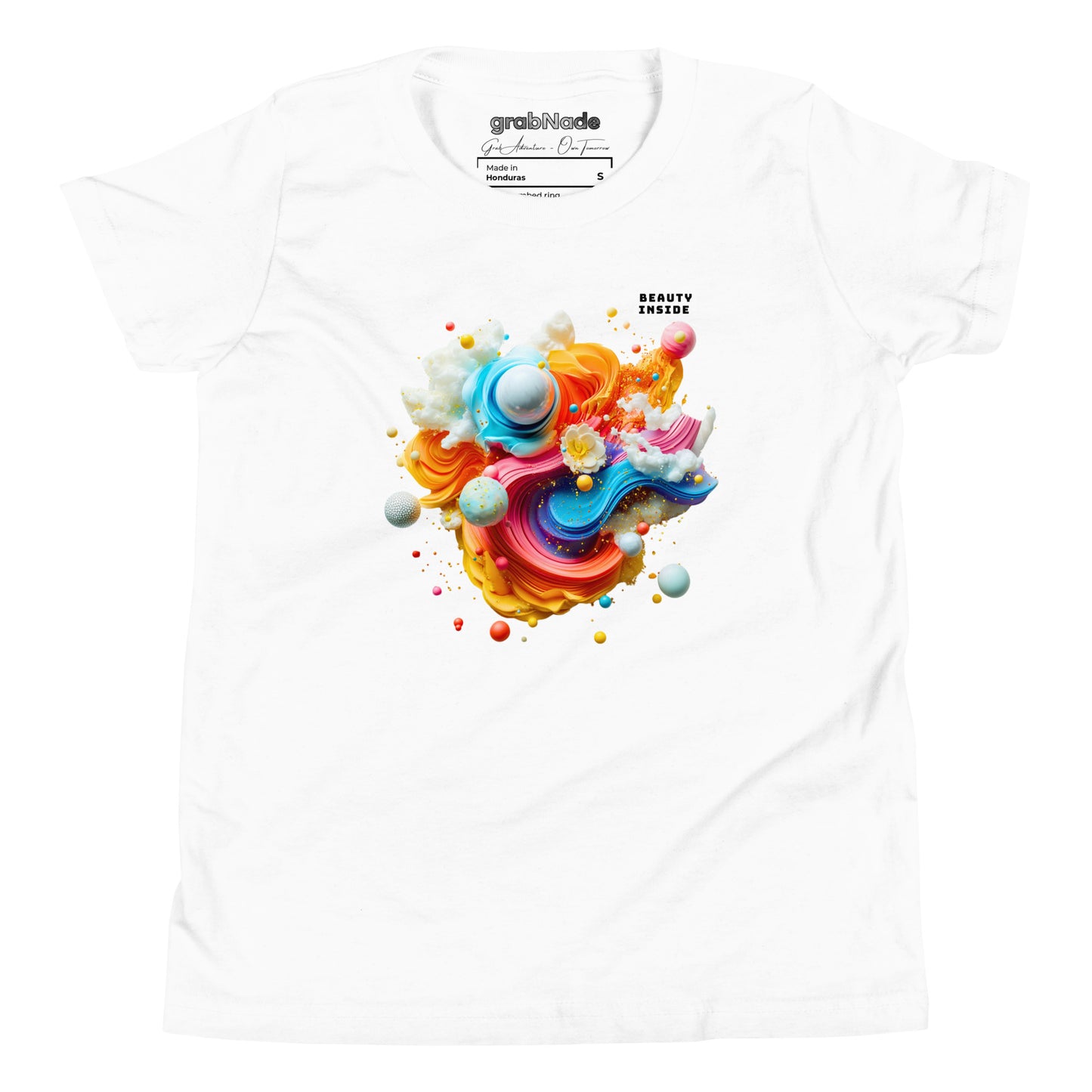 Product mockup. A white t-shirt featuring an abstract, swirling art design at the center with vibrant strokes of yellow, orange, blue, and pink, adorned with playful 3D spheres, clouds, and flowers. Near the top right of the design, black block text reads, 'BEAUTY INSIDE.